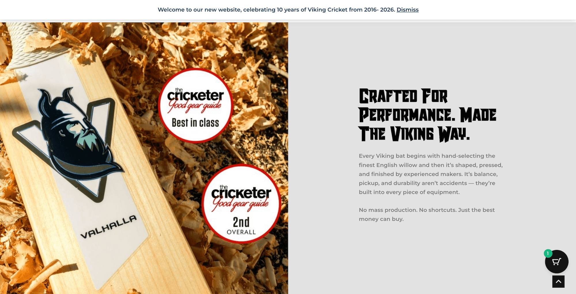 Viking Cricket homepage showing awards and credentials